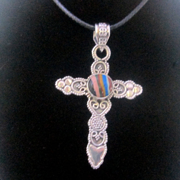 Rainbow Calsilica Cross Sterling Silver Necklace
