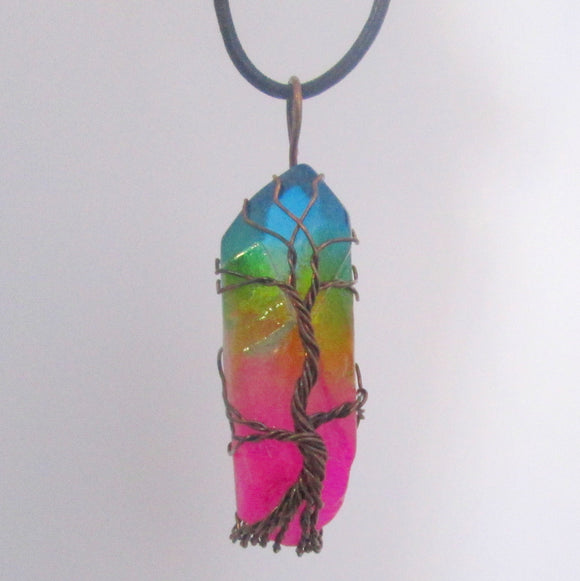 Tree of Life Rainbow Titanium Aura Quartz Necklace