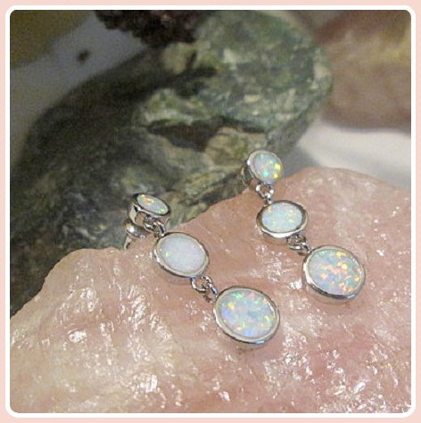 Angel  White Fire Opal Drops Sterling Silver Stud Earrings