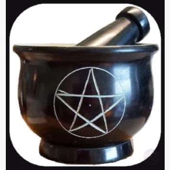 Black Pentagram Soapstone M & P Set Mortar Pestles Mystical Moons